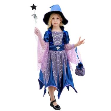 Imagem de Beziun Fantasia de bruxa de Halloween para meninas com chapéu, saco de doces, fantasia de festa, tutu (azul, 8 a 9 anos)