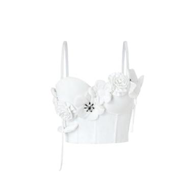 Imagem de BEAUDRM Camiseta regata feminina com alças finas e flores 3D, casual, sem mangas, caimento justo, bustiê, Branco, PP