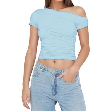 Imagem de Camiseta feminina com ombros de fora Y2k manga curta sexy verão cropped tops bonitos para sair tops sexy franzido camiseta justa, Azul claro, P