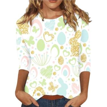 Imagem de PKDong Camiseta feminina engraçada de coelhinho da Páscoa, estampa de coelhinho, mangas três-quartos, camiseta estampada de coelho , camiseta de Páscoa, Branco, amarelo, P