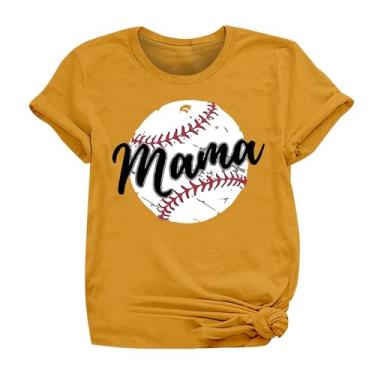 Imagem de PKDong Camiseta de beisebol mamãe beisebol camiseta gola redonda camiseta manga curta tops femininos 2024 modernos tops femininos, Amarelo, GG