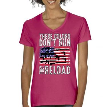 Imagem de Camiseta feminina gola V These Colors Don't Run They Reload 2nd Amendment 2A Second Right American Flag Don't Tread on Me, Rosa choque, GG