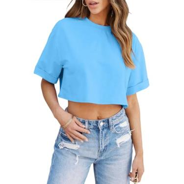 Imagem de Tankaneo Camisetas femininas cropped meia manga ombro caído tops cropped Y2K camisetas básicas casuais de verão, Azul, G