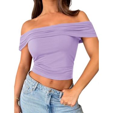 Imagem de MEROKEETY Camisetas femininas de verão 2024 com ombros de fora e manga curta franzidas sexy, Lilás, P