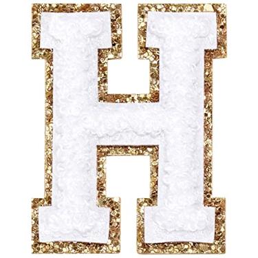 Imagem de 3 Pçs Chenille Letter Patches Ferro em Patches Glitter Varsity Letter Patches Bordado Bordado Borda Dourada Costurar em Patches para Vestuário Chapéu Camisa Bolsa (Branco, H)