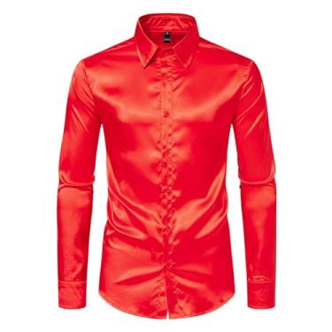 Imagem de Camisa masculina casual slim fit manga longa cetim botão cor sólida brilhante camisa boate, Vermelho, XXG
