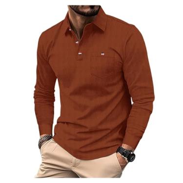 Imagem de Camisa polo masculina com bolso frontal, cor lisa, gola aberta, manga comprida, caimento justo, Marrom, P