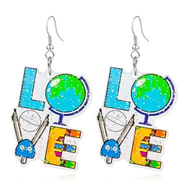 Imagem de CWVHQ Brincos pendentes para professores, estudantes, exclusivos, de madeira, acrílico, régua, globo e tesoura, brincos pendentes para mulheres, meninas, joias, presente de volta às aulas, Acrílico