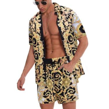 Imagem de EISHOPEER Camisa masculina havaiana, casual, abotoada, manga curta e shorts de praia de secagem rápida P-3GG, Dourado, P