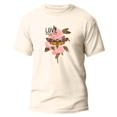 Imagem de Camisetas Estampada Flores Love Algodão Lisa Academia Casual Trabalho Personalizada (BR, Alfa, GG, Regular, Off White)