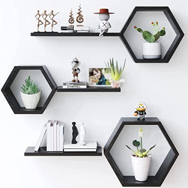 Imagem de Prateleiras flutuantes hexagonais de madeira montadas na parede - conjunto de 6 prateleiras hexagonais de madeira de pinho para fotos, plantas, prateleiras rústicas de favo de mel para sala de estar, quarto, banheiro, cozinha, decoração de escritório, preto.