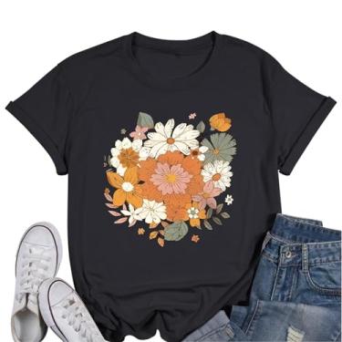 Imagem de Fkatuzi Camiseta feminina floral Boho com estampa de flores silvestres natureza vintage floral camiseta de algodão botânico, Preto, P