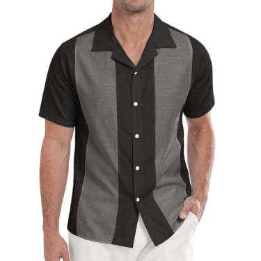 Imagem de Askdeer Camisas masculinas de linho vintage camisa de boliche manga curta camisa de praia Cuba casual verão camisa de botão preta cinza escuro, A03 preto cinza escuro, G
