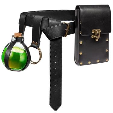 Imagem de Bolsa de cinto, bolsa de cintura, pochete steampunk, suporte de telefone, bolsa medieval, cinto de couro, renascentista, cosplay, acessórios para fantasia, 3 garrafas - preto, 7.1x3.9 inches