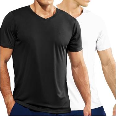 Imagem de Haimont Camisetas esportivas masculinas com gola V, leve, academia, corrida, manga curta, absorção de umidade, proteção UV, Branco/preto, M