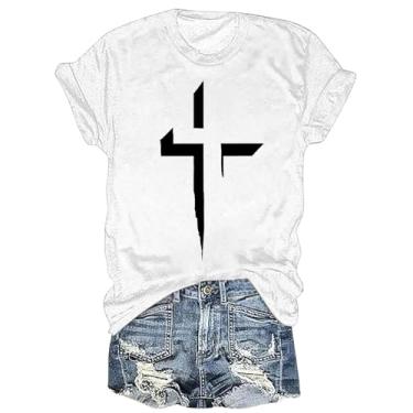Imagem de Camisetas femininas religiosas cristãs engraçadas com estampa de cruz de Jesus para o verão, blusas de manga curta, gola redonda, túnica, Branco, G