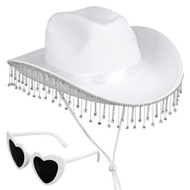 Imagem de Yoiemivy Chapéu de cowboy de strass com franjas, chapéu de vaqueira branco com óculos de sol em forma de coração, chapéu de cowboy ocidental deslumbrante, chapéu de cowboy com glitter, para homens e