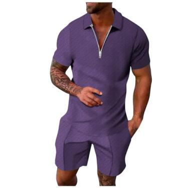 Imagem de Conjunto de 2 peças 2024 masculino casual Henley camisa manga curta praia yoga shorts de verão conjunto de duas peças, 117-roxo, G