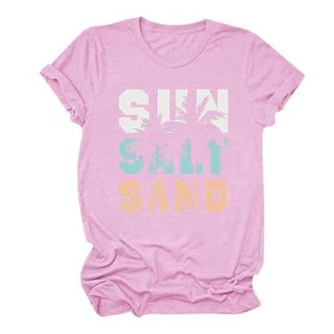 Imagem de MaMiDay Camiseta feminina de verão com estampa divertida de sol, areia e sal e areia, gola redonda, manga curta, caimento solto, rosa, P