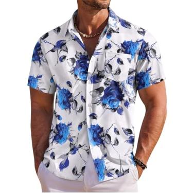Imagem de COOFANDY Camisa masculina havaiana manga curta floral abotoada tropical férias praia camisas, Branco - Rosas azuis, M