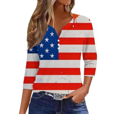 Imagem de Camiseta feminina verão dia da independência bandeira dos EUA vermelho branco azul listrado blusas 4th of July Henley Shirt, Roxa, M