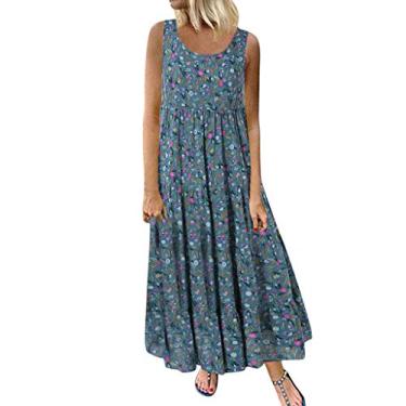 Imagem de Vestido feminino de linho de verão vintage plus size casual boho floral vestido longo manga curta gola redonda vestido de férias na praia, Z - azul, X-Large Plus