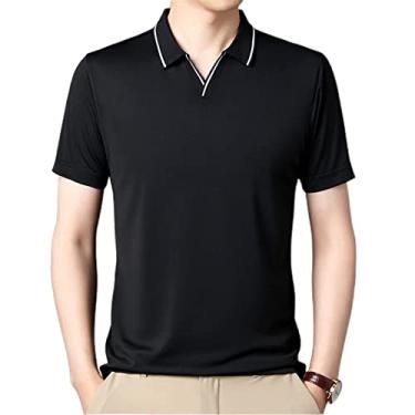 Imagem de Polos de golfe masculinos poliéster cor sólida listrado colar tático camisas manga curta regular ajuste colarinho esporte leve macio(Color:Black,Size:L)