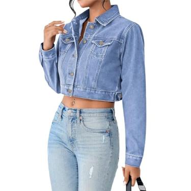 Imagem de Jaqueta jeans feminina manga comprida cropped jaqueta jeans desgastada rasgada casual, D - azul claro, M