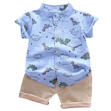 Imagem de Conjunto de camisetas para meninos e bebês com desenho animado de dinossauro, blusa e calça para meninos, Azul, 3-4 Years