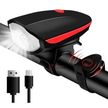 Imagem de Kit Farol Bike Com Buzina, Lanterna de bicicleta impermeável Recarregavel USB, Com varios Modos, Luzes Dianteira Para Ciclista, Serve Para Todas as Bicicletas