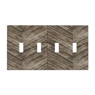 Imagem de Spshian Capa para interruptor de luz, rústico, marrom, espinha de peixe, tábua, 4 interruptores, placas de parede com interruptor quádruplo placas decorativas para tomada elétrica para decoração de