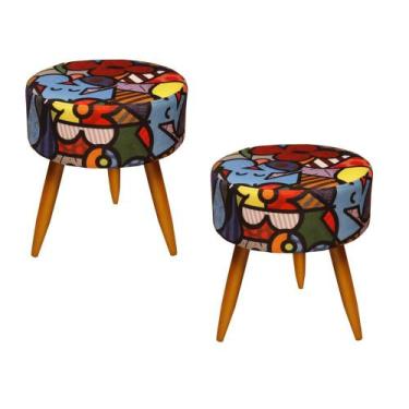 Imagem de Kit 02 Puffs Banqueta Redondo Classic Suede Estampado Romero Brito Pés