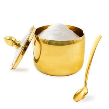 Imagem de ACOSIY Açucareiro de aço inoxidável dourado de 297 g com tampa e colher, pequeno recipiente de açúcar para barra de café, suporte de cubo de açúcar em forma de tambor, potes de especiarias para