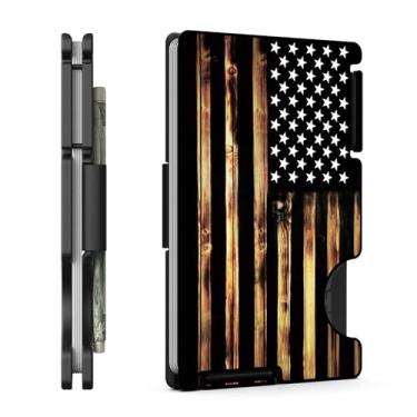 Imagem de MIFANYO Carteira masculina, design moderno e modular, porta-cartões minimalista com alça para dinheiro, carteira fina de metal com bolso frontal, bloqueio RFID, bandeira americana de madeira