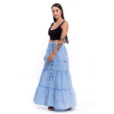 Imagem de Saia de botões  Longa Jeans Com Recortes  - Restrito Jeans, 46, Azul c