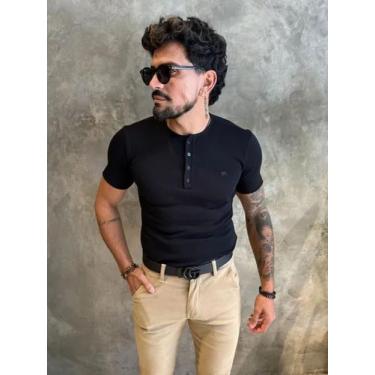 Imagem de Camiseta Masculina Manga Curta Gola Henley Preta Malha tricot  - M.art