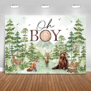 Imagem de Fitumiw Pano de fundo Oh Boy 2,1 x 1,5 m floresta floresta decoração festa chá de bebê decoração de fundo para meninos natureza selvagem montanha aventura chá de bebê banner adereços de cabine de