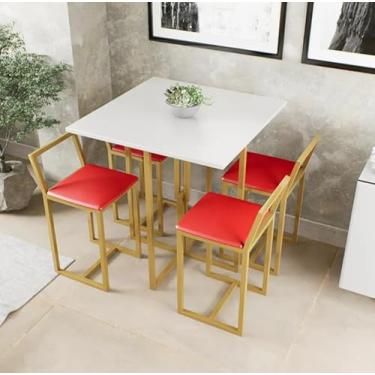 Imagem de Conjunto de Mesa Branca 4 Cadeiras Pequena Estofado Industrial Dourado (Vermelho)