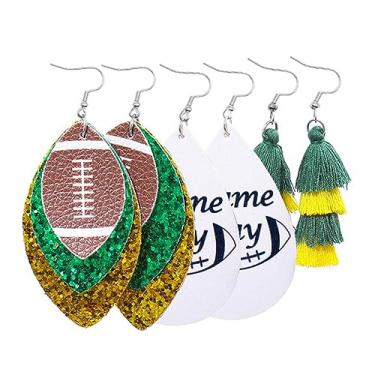 Imagem de Azusa Sun 3 pares de brincos de couro de futebol em camadas de glitter pendentes brincos pendentes borla conjunto de brincos pendentes dia de jogo amantes de esportes joias presentes, One size, Couro Couro Rosca, Sem pedra preciosa