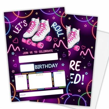 Imagem de Nuckxy Convites de festa de aniversário Glow Let's Roll - Festa de patinação neon - 20 cartões de convite neon preenchidos com envelopes, convites de aniversário para meninos meninas, lembrancinhas de