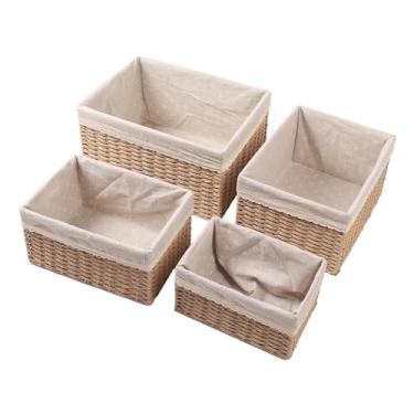 Imagem de Conjunto de Cesta de Roupa Suja de Palha Tecida Com 4 Pacotes, Alça, Caixas de Armazenamento Organizadoras de Roupas de Banheiro, para Quarto, Berçário