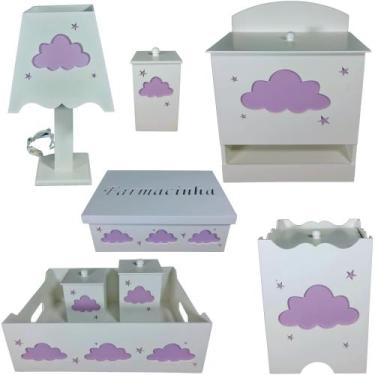 Imagem de kit higiene bebe mdf decorado 8pçs - NUVEM LILAS - Flores para Mariae