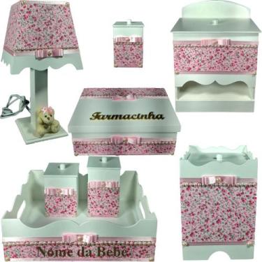 Imagem de Kit farmacinha de bebê Mdf menina - Jardim Branco Florido Pérolas - Fl