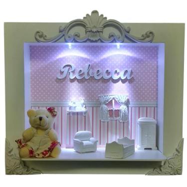 Imagem de Quadro Enfeite Porta Maternidade Cenário Led - BRANCO ROSA BB BOLINHAS