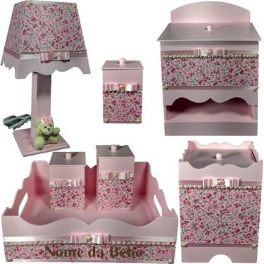 Imagem de Kit de Higiene de bebê Mdf quarto menina 7 pçs - JARDIM BRANCO FLORIDO