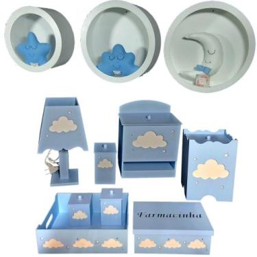 Imagem de Kit Higiene bebê mdf 8 pçs + 3 Nichos brancos NUVEM AZUL (Pronta Entre