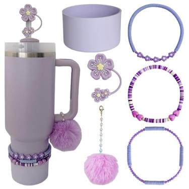 Imagem de Acessórios para Stanley 1,134 g, 3 pulseiras de contas para Stanley Cup, 1 bota de silicone para copo Stanley, 1 tampa de cobertura de canudo para garrafa de água Stanley, 1 pingente de bola pompom