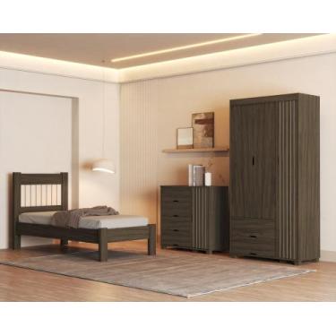 Imagem de Quarto de Solteiro Cama MDF Com Estrado Madeira Comoda 4 Gavetas 1 Por