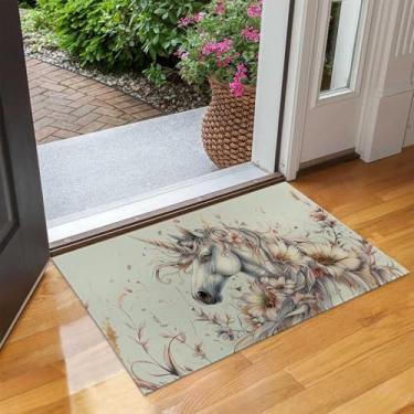 Imagem de UNDAHIS Tapete de porta interno de unicórnio encantador, tapetes antiderrapantes de unicórnios florais para sala de estar e cozinha, tapete de boas-vindas de tecido não tecido para entrada, escritório