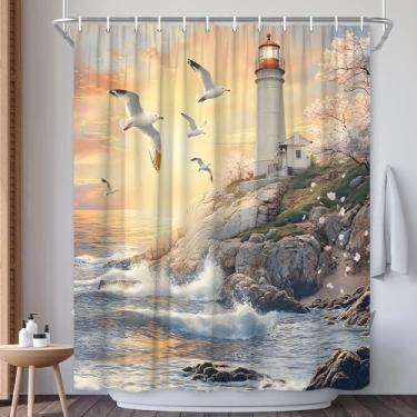 Imagem de EUBTPA Cortina de chuveiro de farol náutico, onda, nascer do sol, gaivota, pôr do sol, praia, litoral, cerejeira, recife, vintage, paisagem marítima, decoração de banho, cortinas de tecido de
